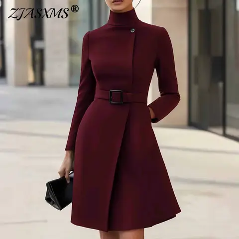 Autumn Winter Turtleneck Solid A-Line Dress Elegant Button High Waist Pocket Office Dress Woman Long Sleeve Casual Party Dresses