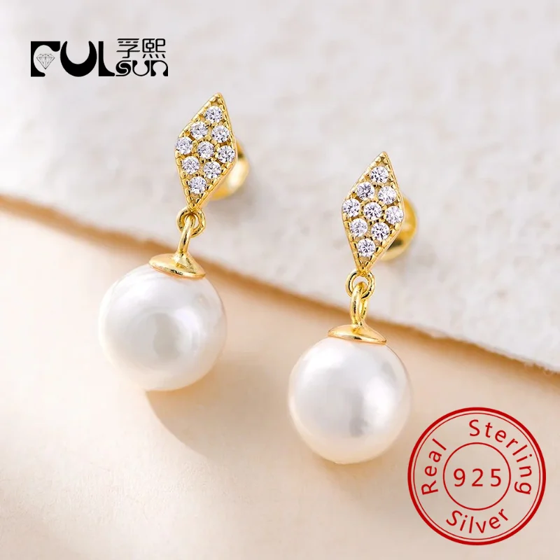 

Jewelry 925 Sterling Silver 14K Gold Plated Pearls Geometric Rhombus Stud Earrings For Women