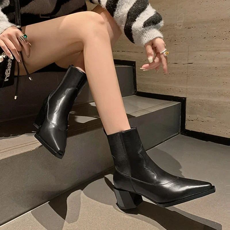 NEW Autumn Women Western Boots Split Leather Shoes for Women Pointed Toe Chunky Heel Shoes Winter Golden Short Boots Punk Shoes