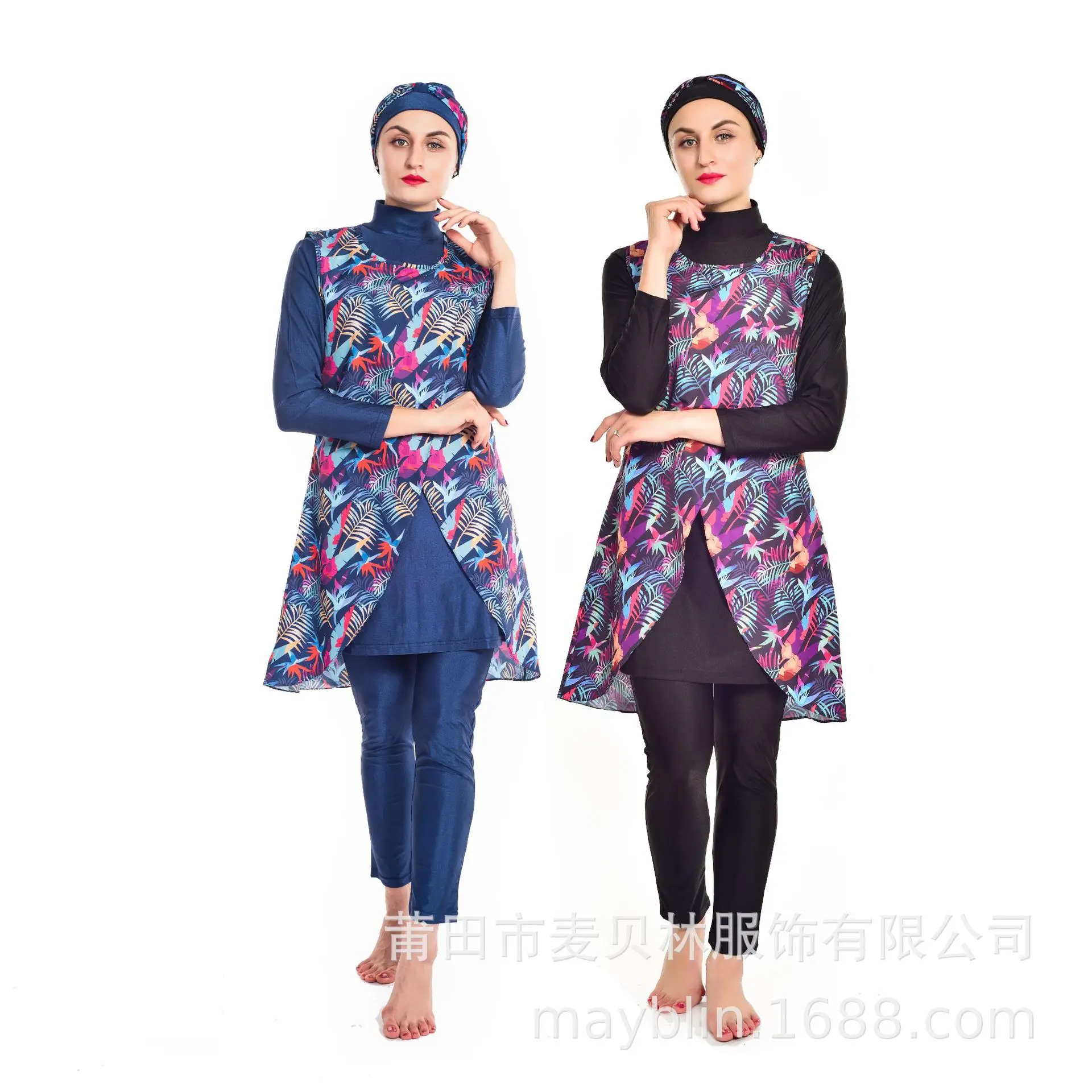 Women Muslim Burkini Swimsuit Modest Swimwear Islamic Long Sleeve Full Cover Hijab Flower Dress Top Cap Swim Pants ​Bathing Suit