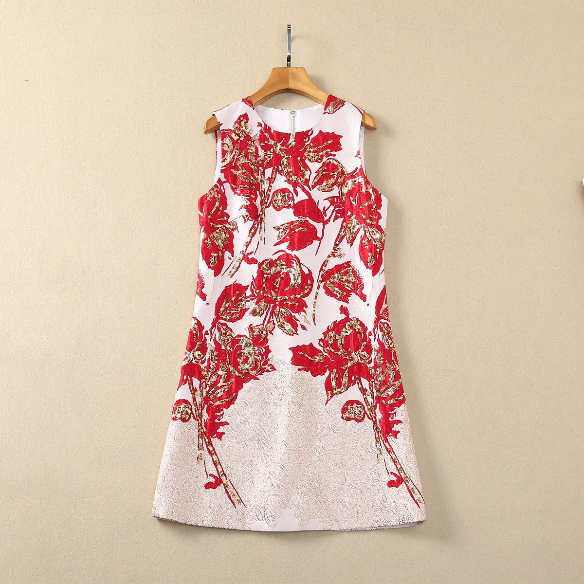 

European and American women's clothes 2024 spring new Round neck Sleeveless heavy sequin red jacquard Fashion dress