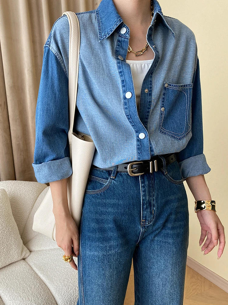 [LANMREM] Fashion Washed Contrast Color Denim Shirt Women Lapel Single Breasted Office Lady Blouses 2024 Autumn New 26C133