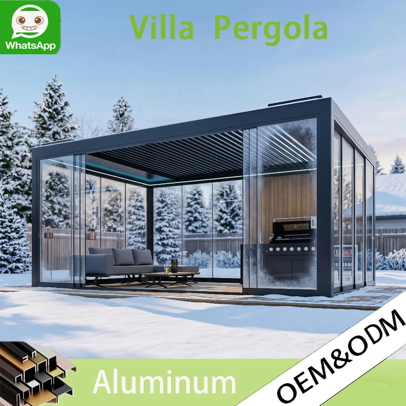 Pergola bioclimatique autoportante en métal, résistante aux charges de neige et aux conditions climatiques rigoureuses, idéale pour les zones extérieures et les foyers de jardin. 1
