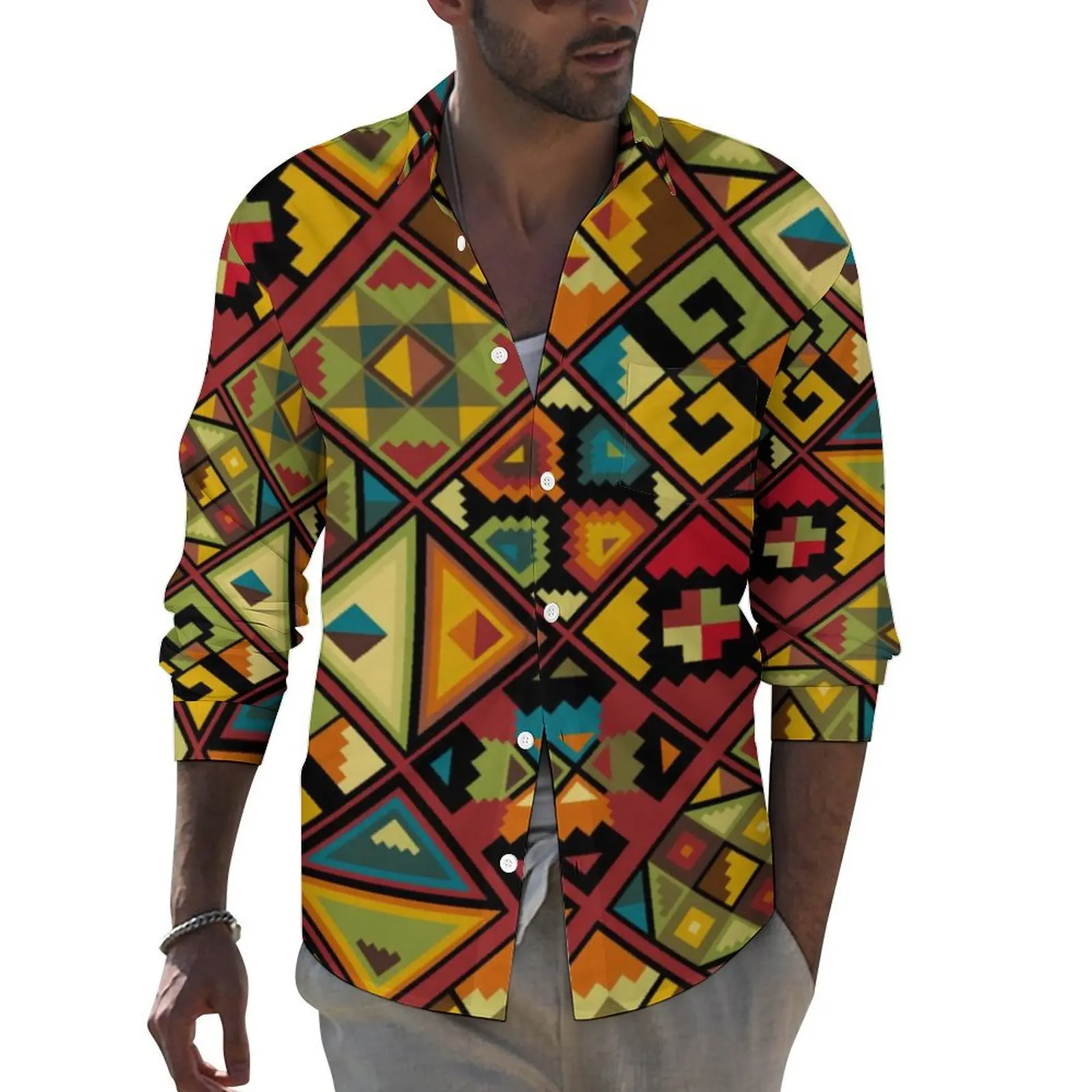 

Vintage Mandala Casual Shirts Man African Style Shirt Long Sleeve Fashion Aesthetic Blouses Autumn Custom Top Large Size