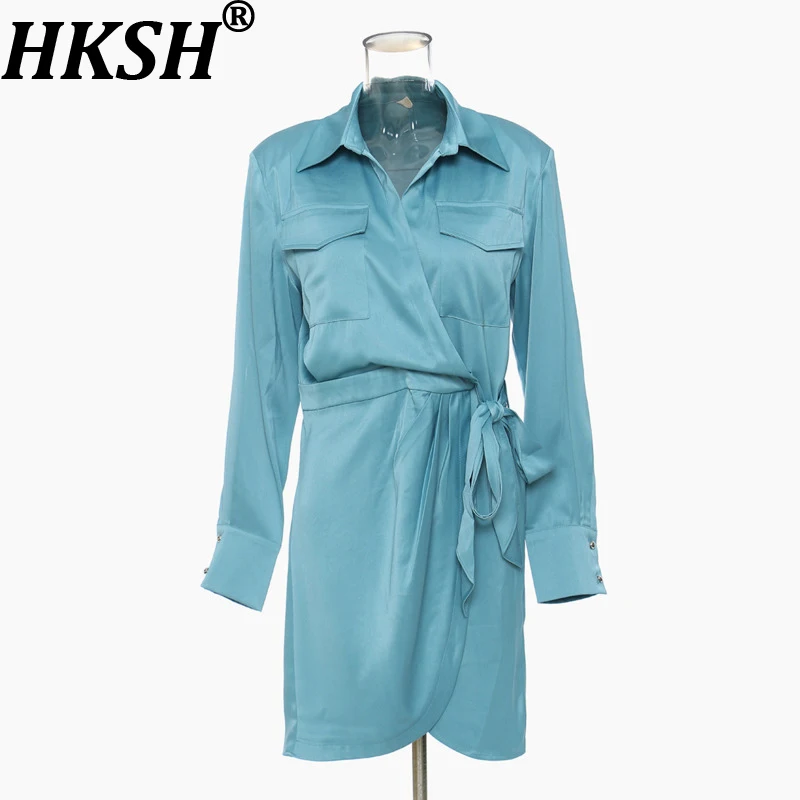 

Женское элегантное платье HKSH с кружевной отделкой на талии, отложным воротником, длинными рукавами, карманами, однотонное, новая коллекция Весна-Лето HK19467