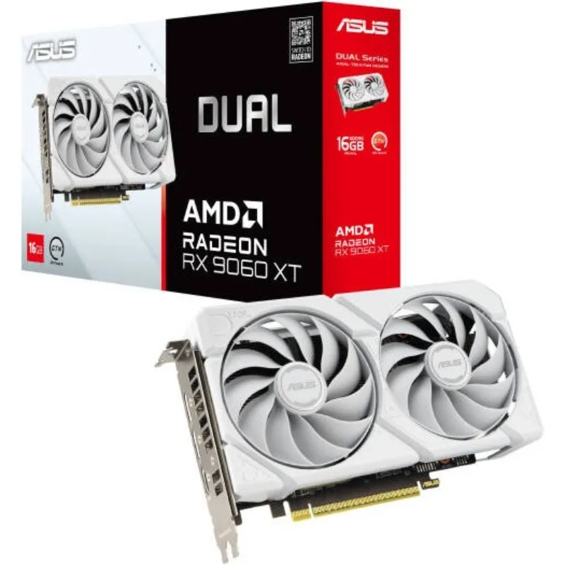 ASUS Dual Radeon RX 9060XT White Edition Grafische Kaart, 16GB GDDR6, Tot 3250MHz, PCIe 5.0, 2 x DisplayPort 2.1, 1 x HDMI 2.1 VRR-poort, Axial-Tech Dual Fan Design, Zwart | 90YV0LG3-M0NA00