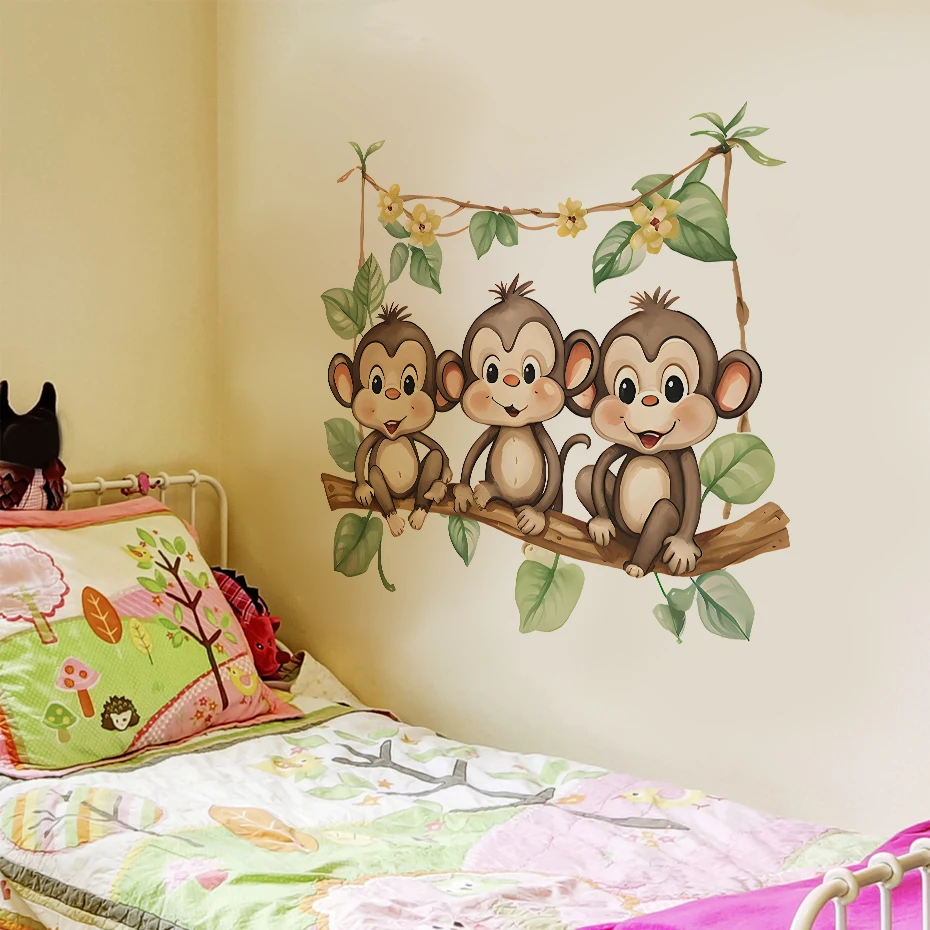 Watercolor Cartoon Cute Monkey on Rattan Vine Wall Sticker for Kids Room Baby Girl Nursery Decals Bedroom Home Decor