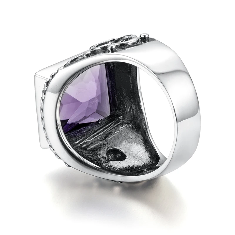 Unique 925 Sterling Silver Heavy Signet Rings Men's Massive Amethyst 12*16mm Stone Party Vintage Male Jewelry Gift For Husband