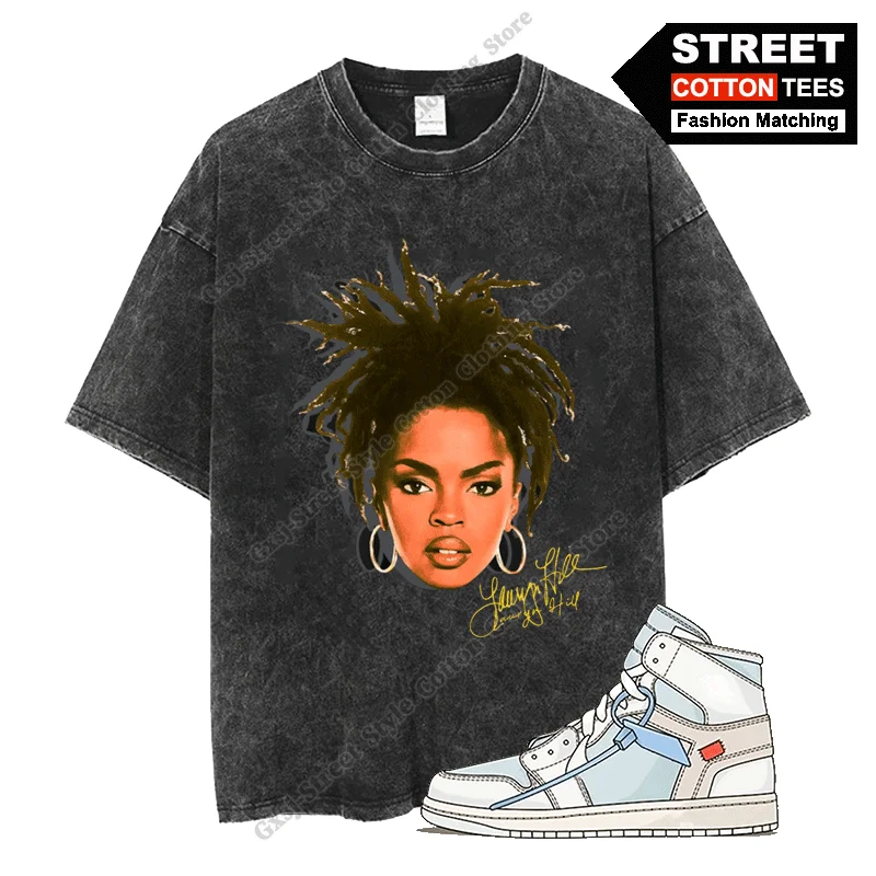 Lauryn Hill Head T-shirt Fashion Sneakers Match T-shirt Cotton Washed Oversized Streetwear Y2k Hip Hop Women Casual Loose Tees