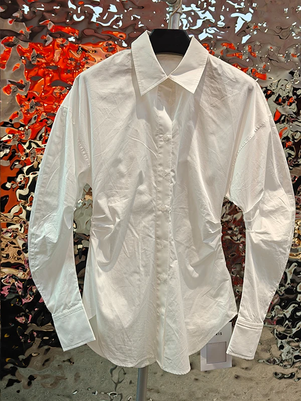 

White Slimming Women's irt Summer 2025 New Design Sensation Folded Long Sve Korean Sle Straight Cut Button Detail ...