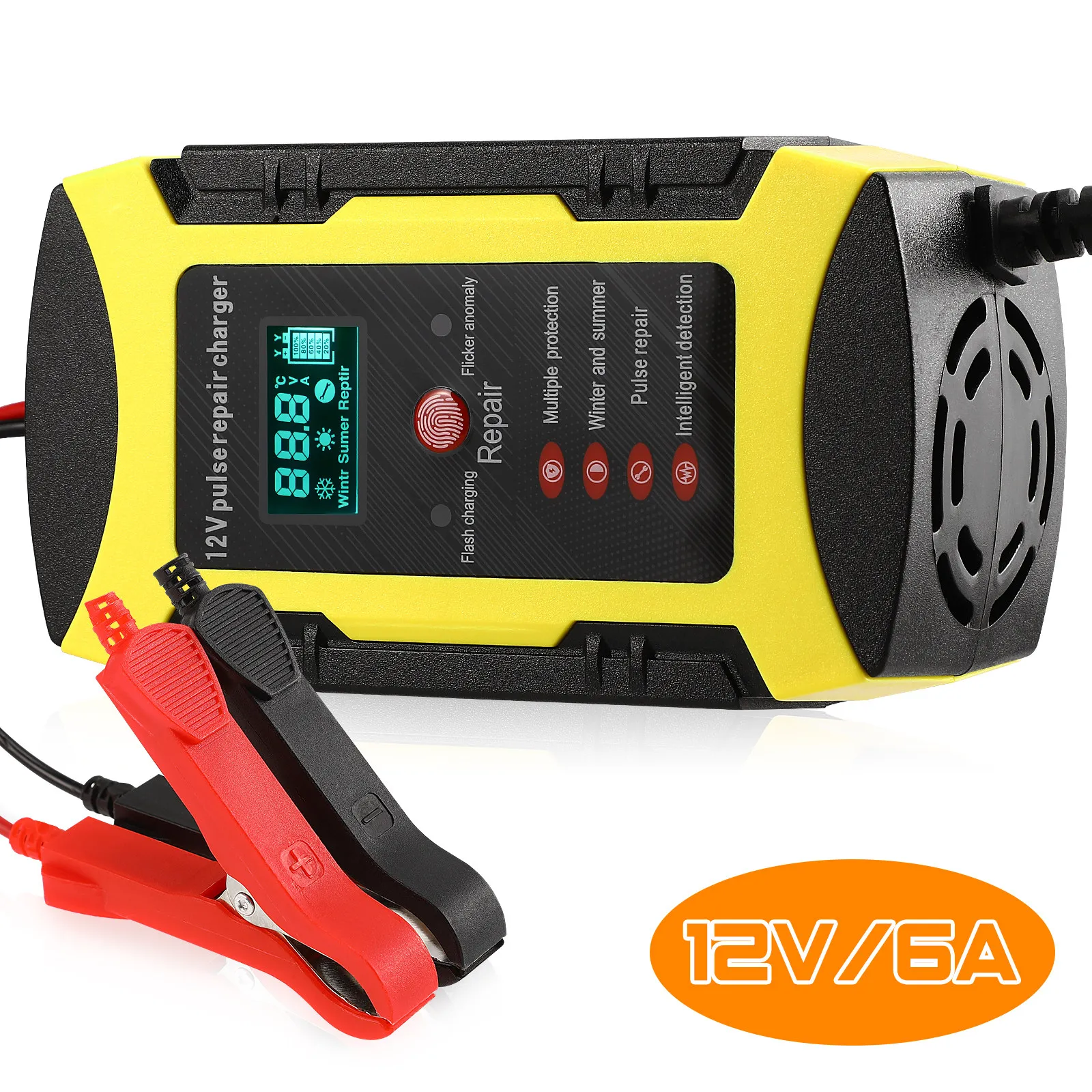

Зарядное устройство для автомобильных и мотоциклетных аккумуляторов 12В 6А, желтое, с цифровым дисплеем, автоматическим определением температуры, защитой от перезаряда, портативное