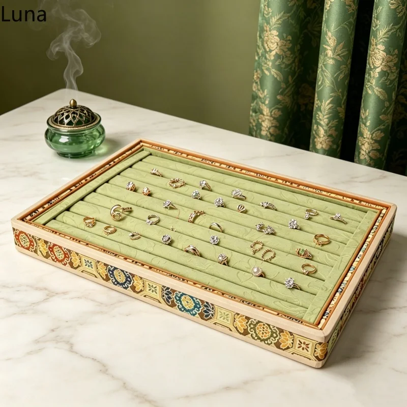 Green Wooden Song Brocade Jewelry Tray, New Chinese Style Grid Display for Necklace & Bracelet, Counter Viewing Organizer