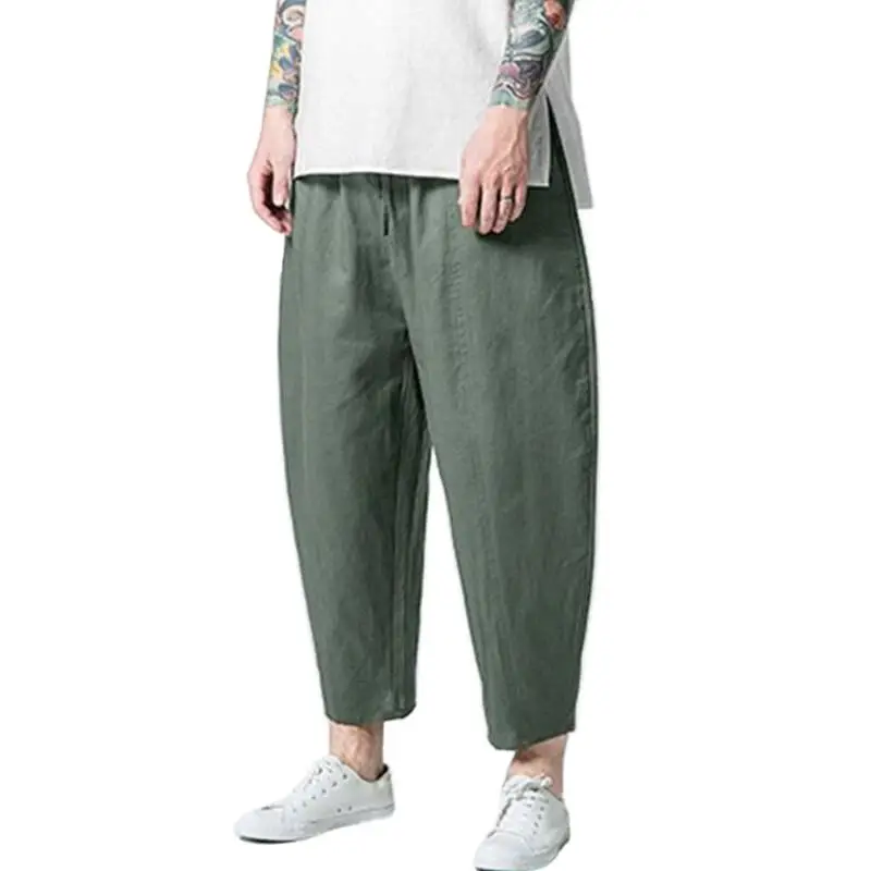 

Plus Size M-6XL Fashion Comfort Men Nine Points Pants Cotton Linen New Casual Bundling Wide Waist Belt Pure Color Lantern Pants