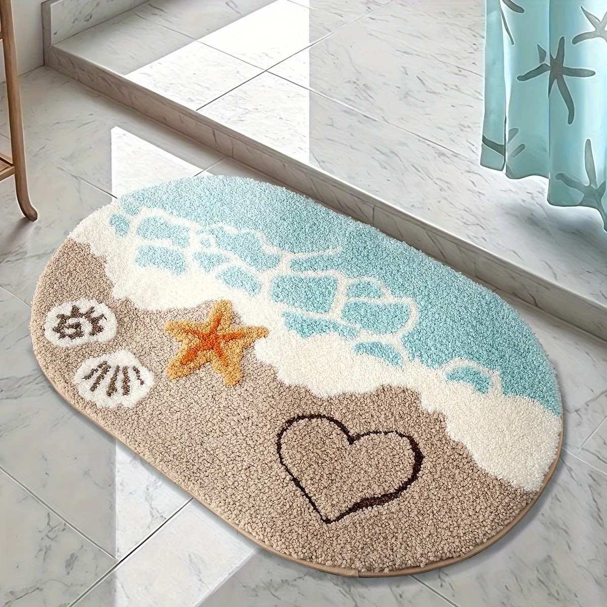 1pc Ocean-Themed Plush Faux Cashmere Bathroom Mat, Anti-Slip Absorbent Bath Mat with Beach Starfish & Heart Design
