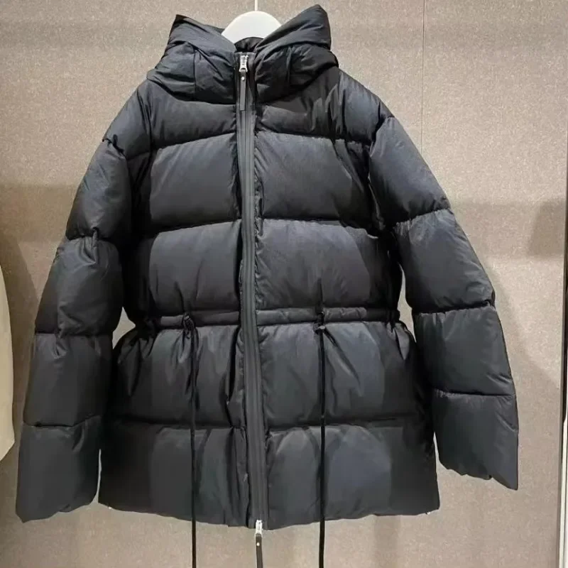 Autumn and Winter New Niche 90 Duck Down Coat Drawstring Hooded Loose Thickened Down Jacket