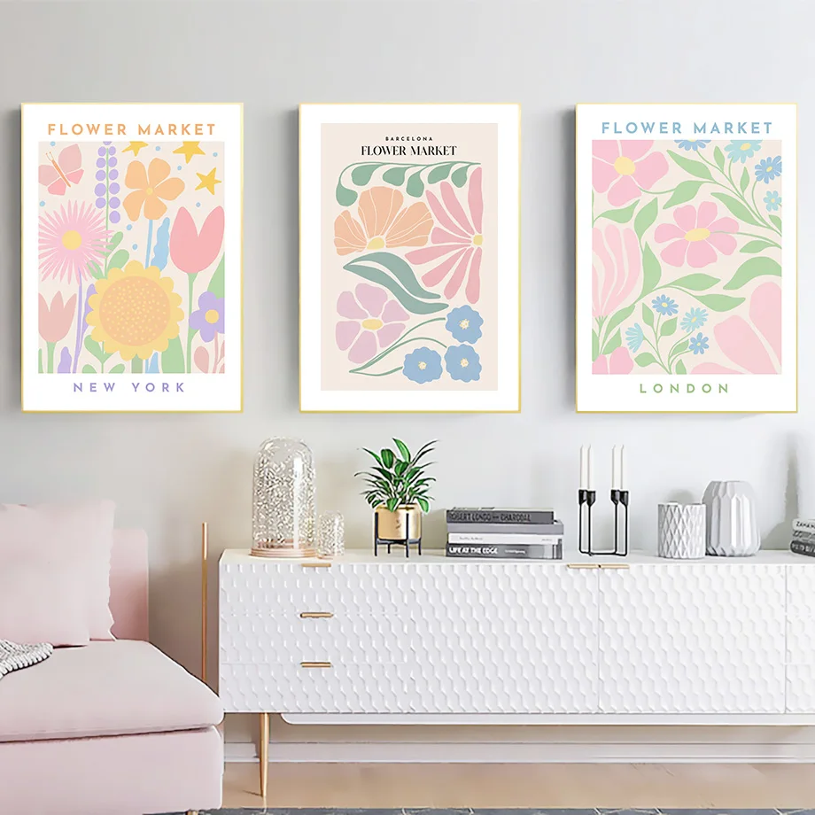 Pastel Flower Market Plant Printed Wall Art Colorful Canvas Painting Nordic Posters And Prints Pictures For Living Room Decor