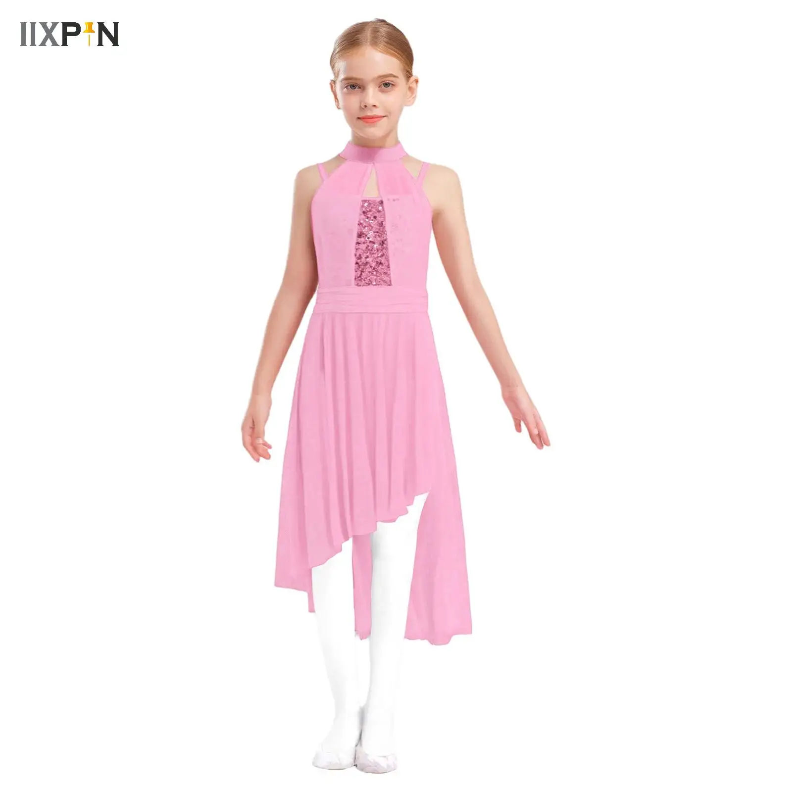 

Girls Sequins Ballet Figure Skating Dress Asymmetrical Sheer Mesh Gymnastics Leotard Dress Sleeveless Competition Dance Costume