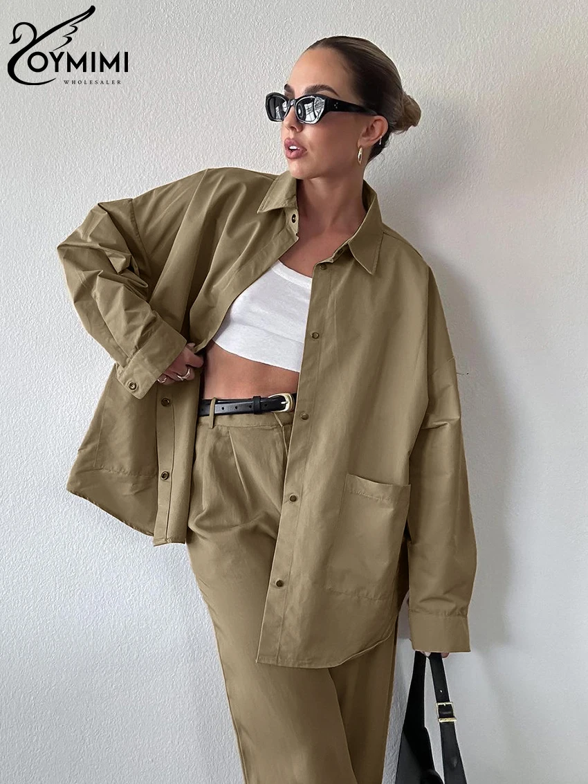 Oymimi Fashion Brown Cotton Pants Sets For Women 2 Pieces Elegant Long Sleeve Shirt With High Waist Straight Trouser Suit Female