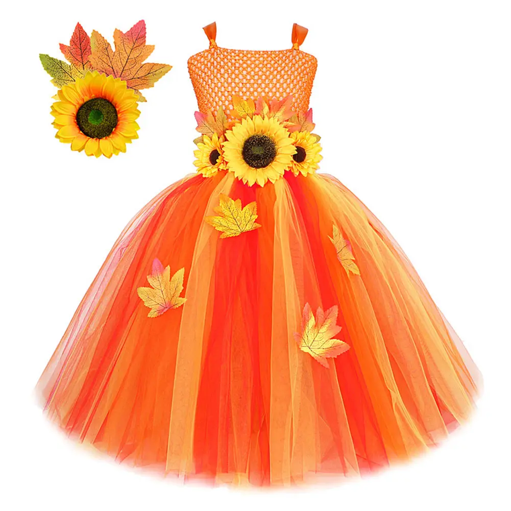 Children Sunflower Princess Cosplay Costume Kids Girls TUTU Dress Headband Wing Outfits Halloween Carnival Party Suit