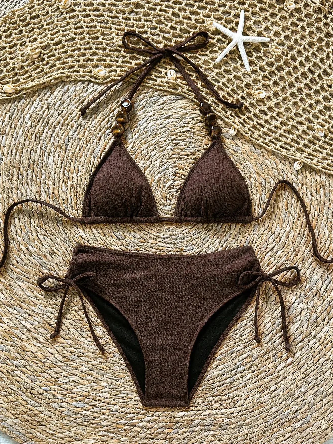 

Brown Solid Halter Tie Bikini Swimsuit Set Beach Vacation
