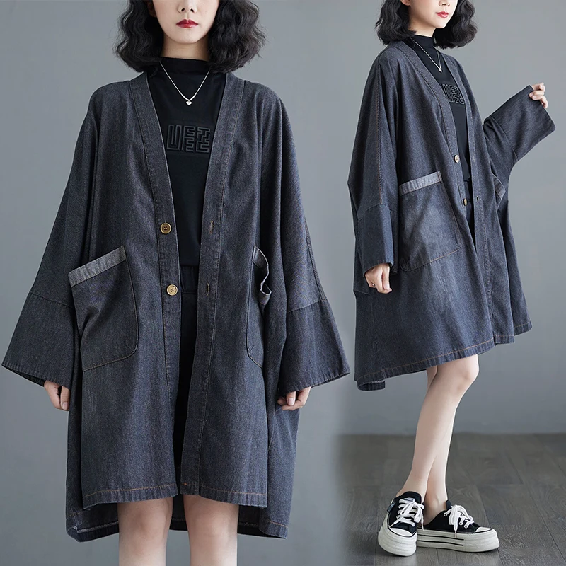 

Свободная джинсовая куртка средней длины с v-образным вырезом и кетами для женщин, осенняя модная верхняя одежда в стиле ретро, повседневная, удобная для поездок на работу