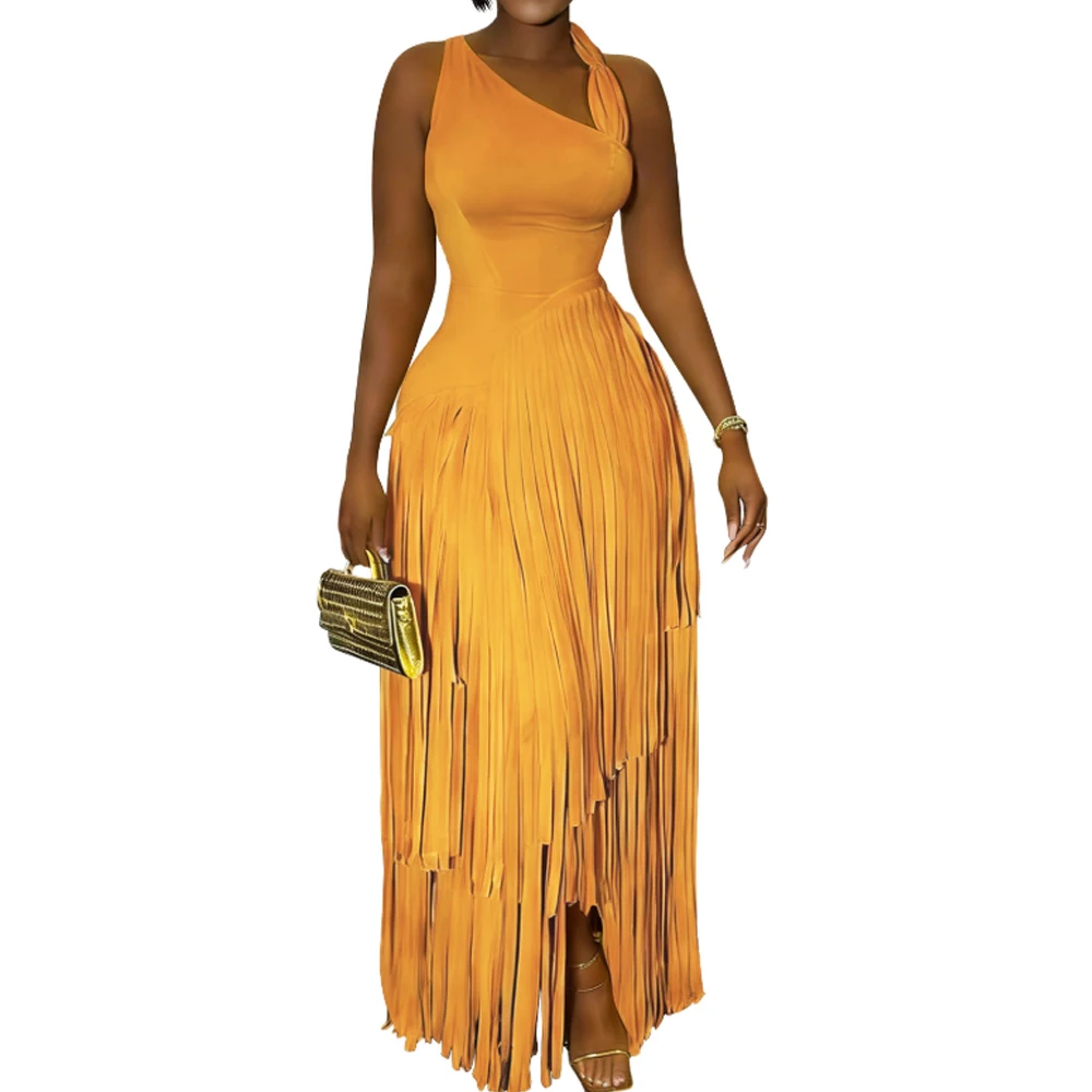 Solid Color Tassel Party Dress Elegant Slim Fit Midi Dress