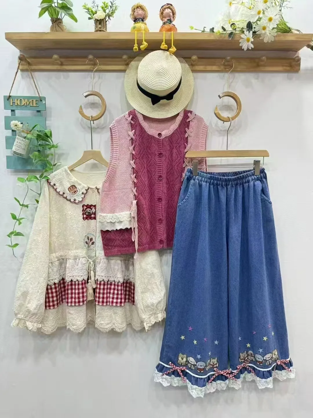 New 2025 Autumn Cotton Denim Trousers, Women Elastic Waist Embroidery Lace Bow, Mori Girl French Retro Wide Leg Jeans B58526CC