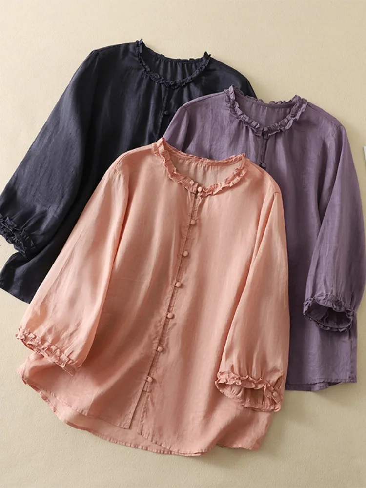 

Cotton Linen Half Sleeve Shirt Women Summer Anti Aging Unique Casual Breathable Lace Trim Pure Color Loose Fit Button up Top