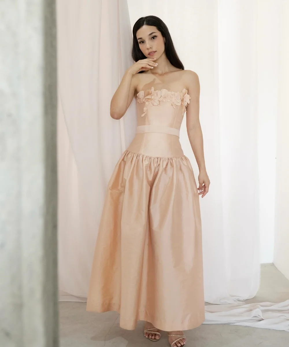 

Customized Elegant Charmeuse Pleat Handmade Flower A-line Strapless Midi Dresses Bespoke Occasion Exquisite