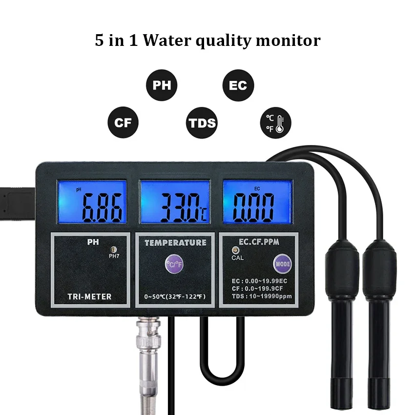 

5 In 1 Multi-Parameter Temp TDS EC CF PH Meter Digital Water Quality Purity Tester Rechargeable Device For Aquarium Pool