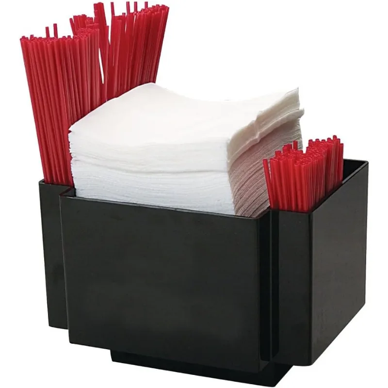 Professional Counter-Top Bar Caddy Napkin & Straw Holder, 3 Compartments, Black (Set of 12)