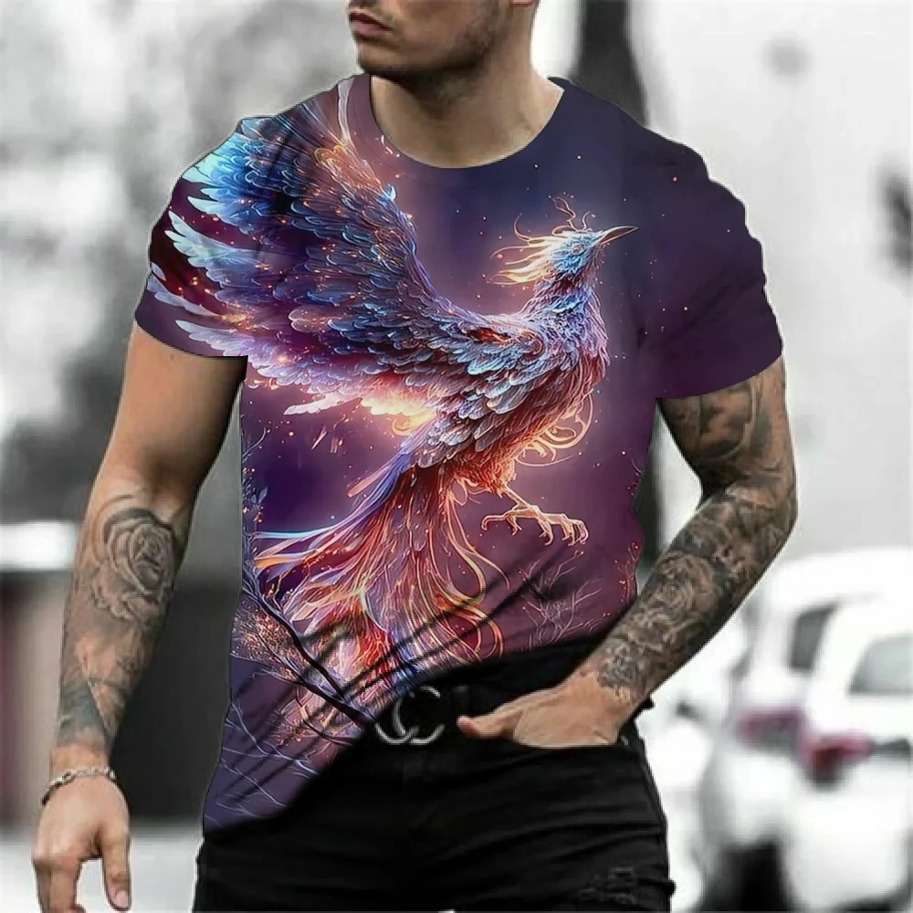 Summer Fashion Men\'s Short Sleeve Phoenix Print T-shirt Street Personality Hip Hop Harajuku O-Neck Plus Size Top