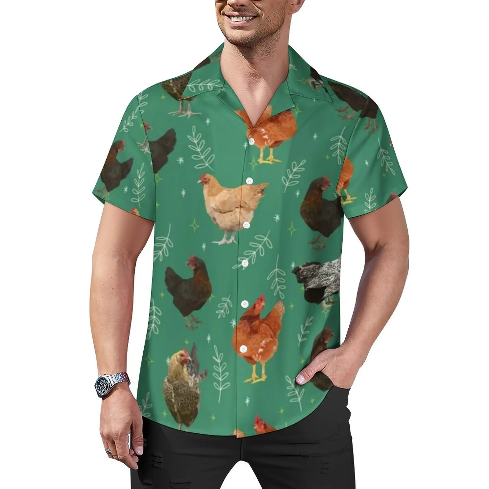 

Leaf Chicken Print Blouses Male Cute Animal Casual Shirts Hawaii Short Sleeves Trending Oversized Beach Shirt Birthday Present