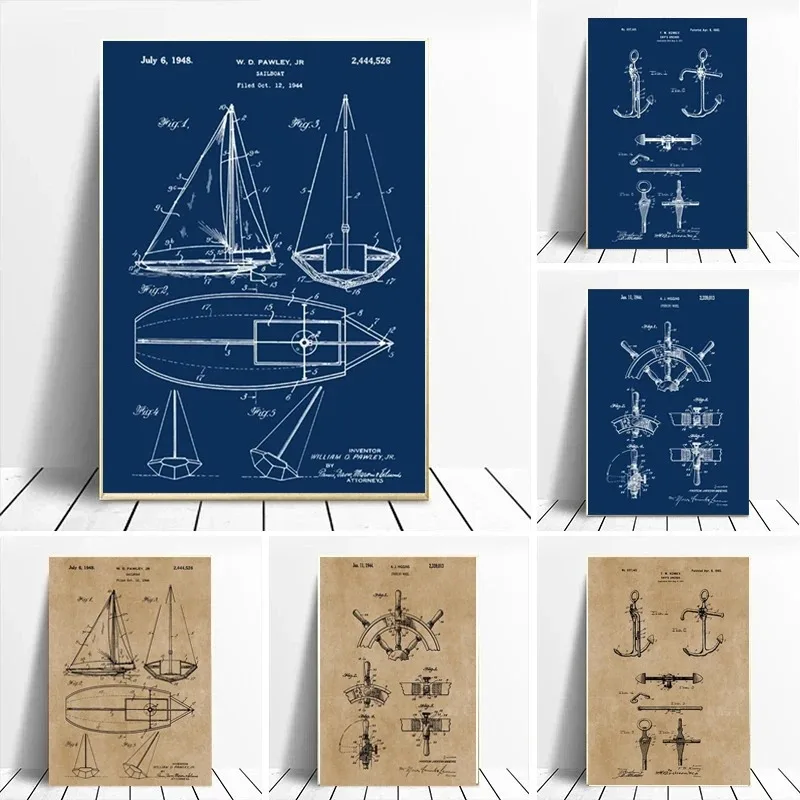 Sailboat Patent Print Poster and Picture Canvas Painting Yacht Anchor Ship Wheel Sailing Blueprint Nautical Wall Art Home Decor