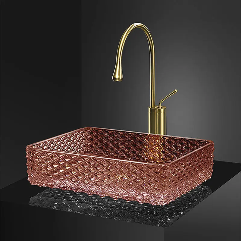 Lavabo de cristal de lujo ligero, lavabo de encimera de cristal transparente