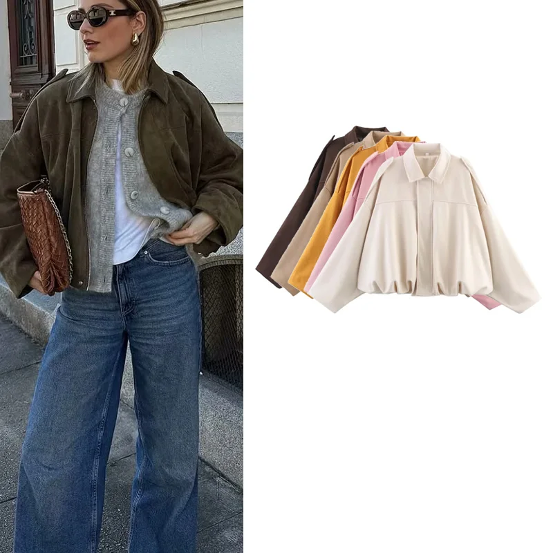 Spring Women's Pleated Decorative Collar Long Sve Faux Suede Pilot Jaet Outerwear  Collar ort Length Button Closure