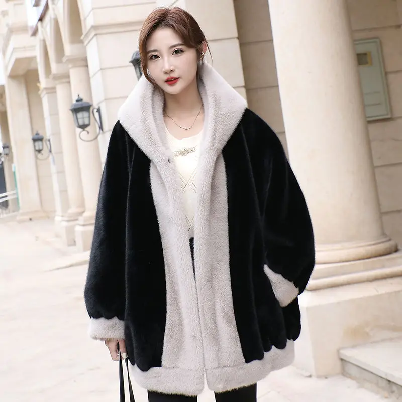 Hooded Fur Coat Winter Women Clothing Thickened Warm Faux Fur Jacket Luxury Brand Free Shipping Oversized Korean Outerwear New