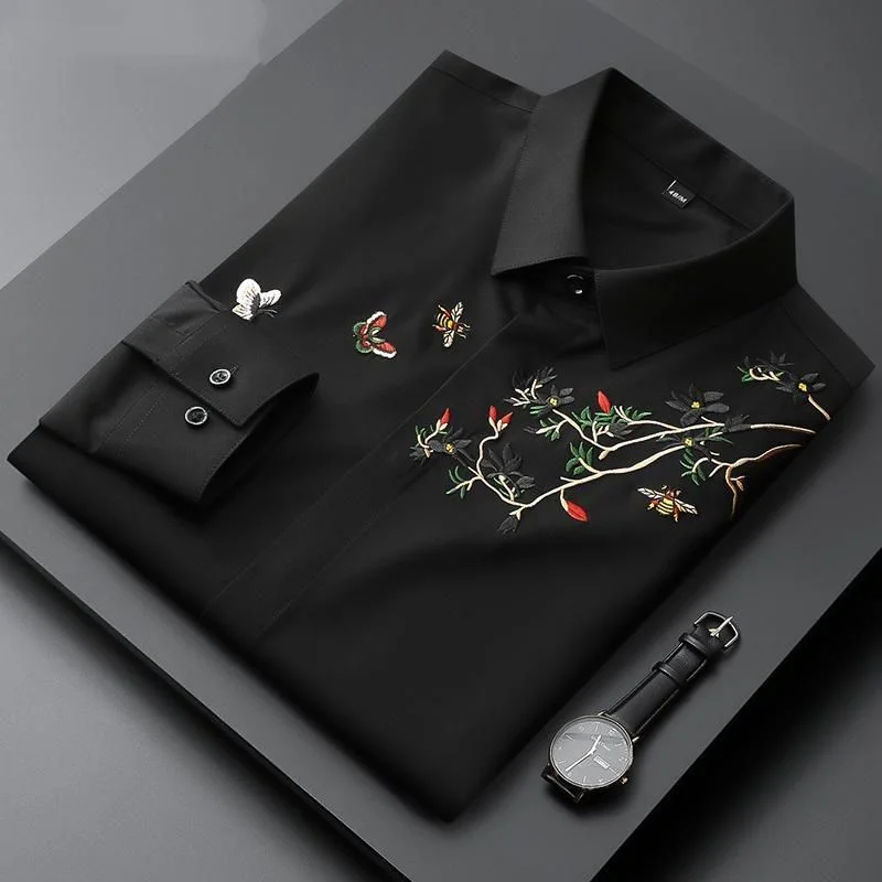 2024 New Spring and Autumn Fashion Advanced Chinese Style Embroidered Polo Collar Non Iron Slim Fit Casual Loose Shirt for Men