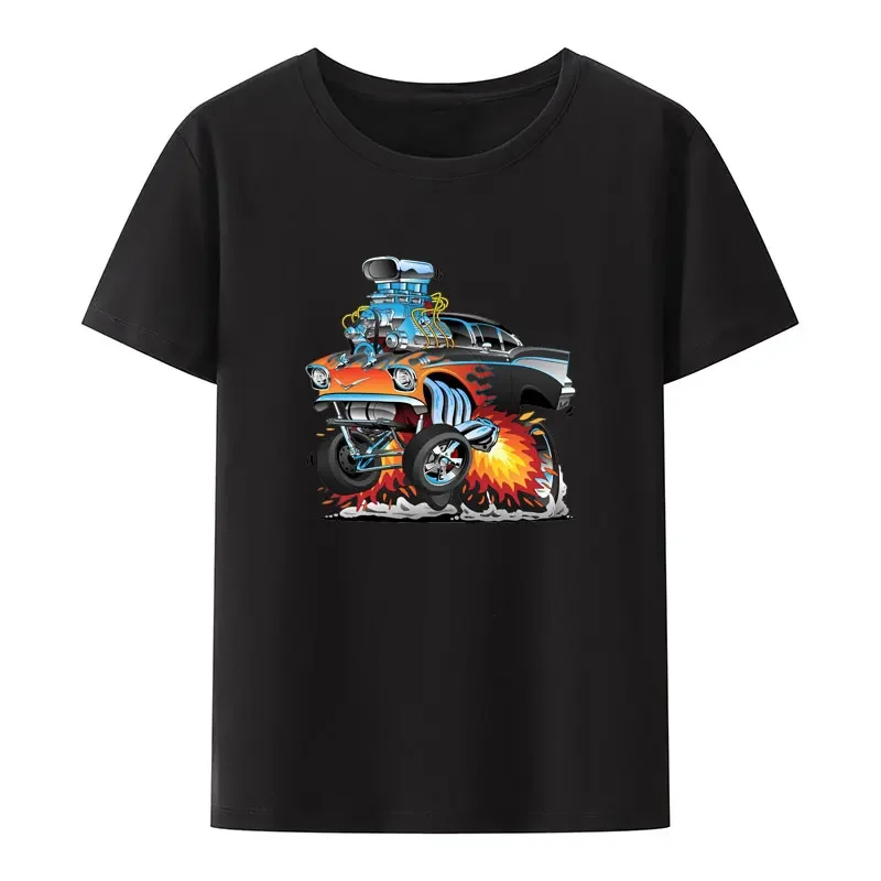 Classic Hot Rod Fifties Style Gasser Drag Racing Muscle Car Red Hot Flames Print T Shirt Funny Trend Cartoon Hipster Streetwear