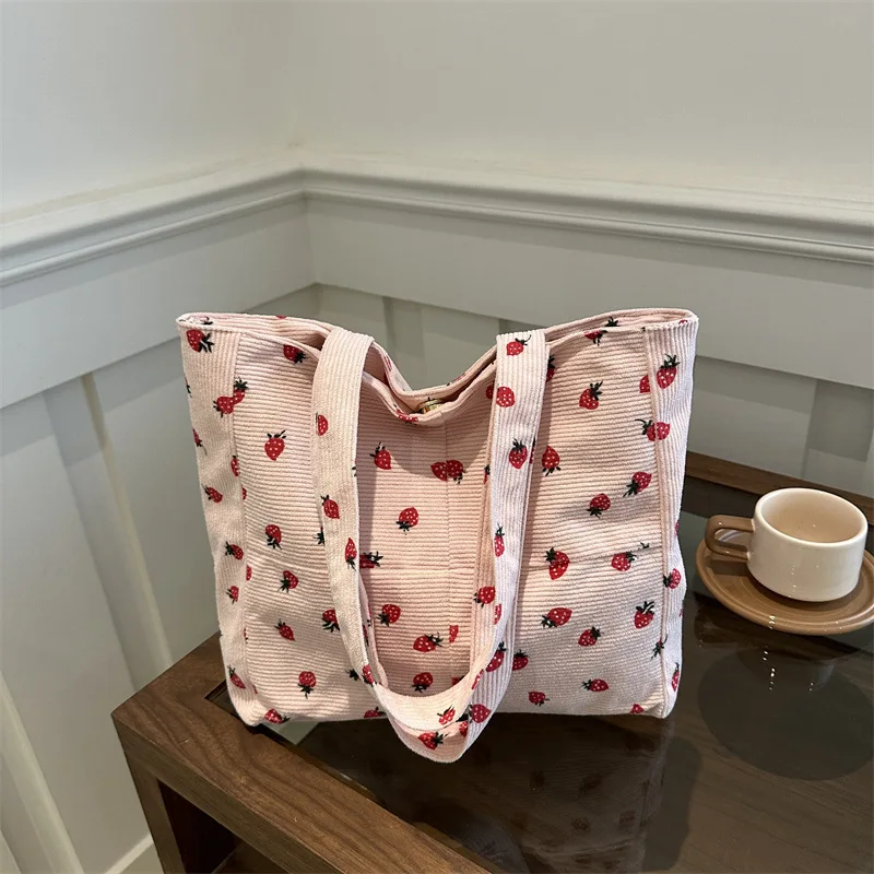 

2024 New Large Capacity Multi Functional Splicing Corduroy Strawberry Printed Handbag For Women Shoulder Bag