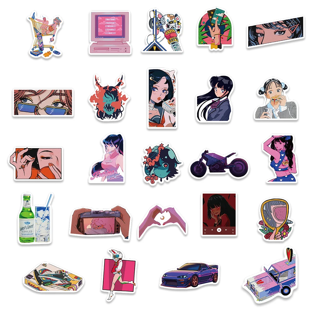 50pcs Fashion Retro City Pop Girls Cartoon Stickers For Laptop Phone Guitar Luggage Waterproof Graffiti Bicycle Car Decals