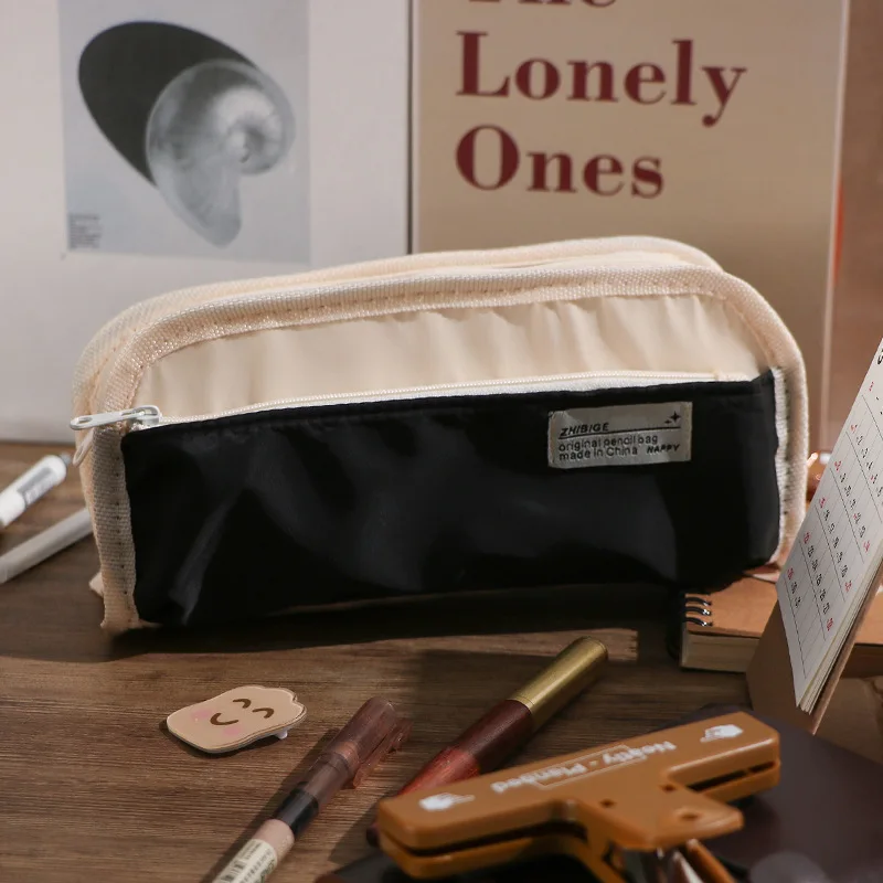 Simple Fashion Triple-layer Canvas Pencil Bag Large Capacity Pencil Case Pen Pencil Holder Student Stationery Organizer