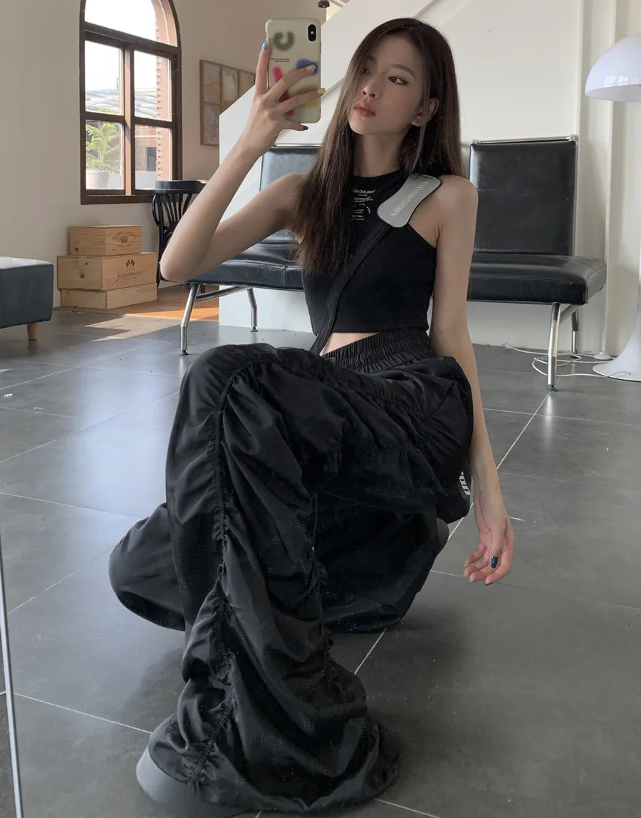 Calças femininas confortáveis cordão sólido shirring retro ins 2025 cintura alta novas senhoras pretas diariamente hip-hop dancewear