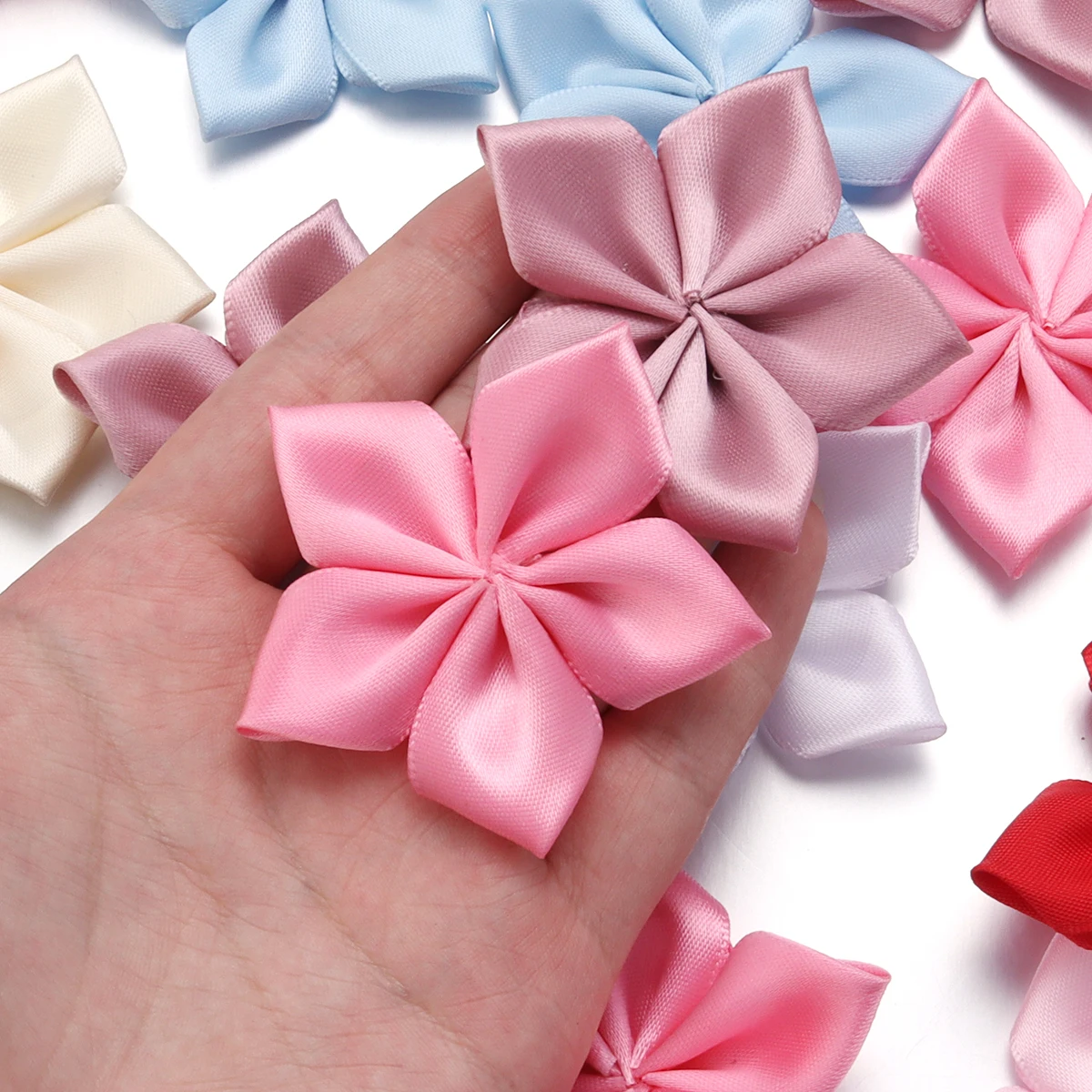 20Pcs/Lot Satin Ribbon Flowers Pentagon Artificial Fabric Flowers Handmade For DIY Crafts Sewing Supplies Clothing Decoration