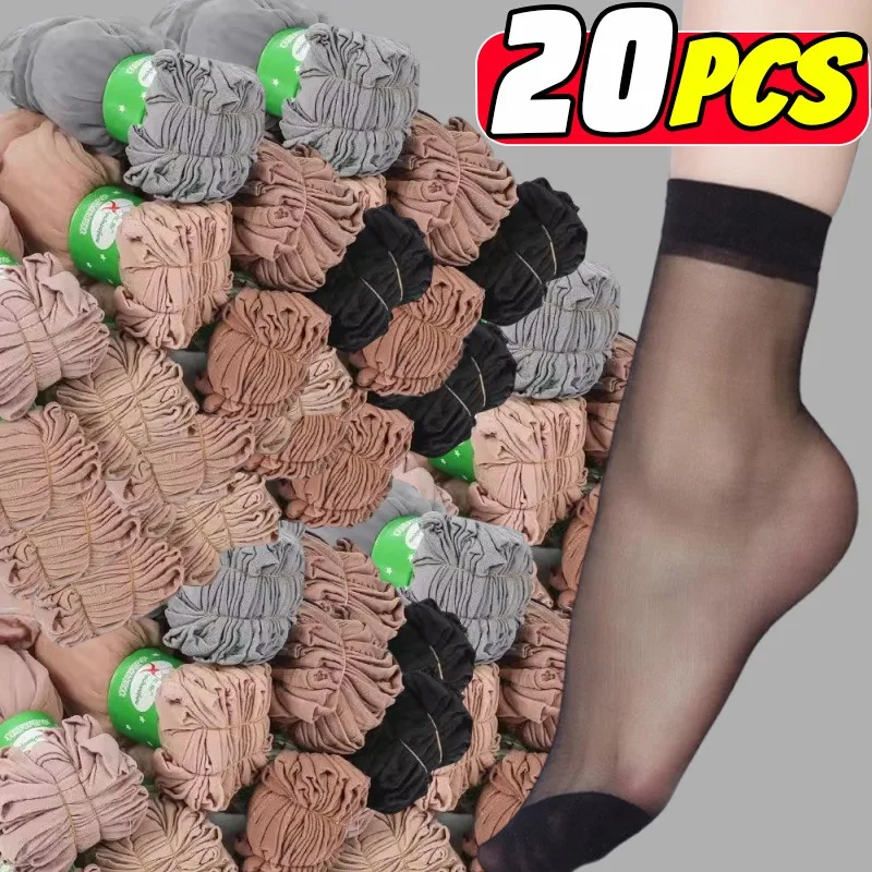 

20pcs New Summer Crystal Short Ankle Sock Nylon Non-Slip Transparent Socks for Women Black Skin Breathable Ultrathin Stockings