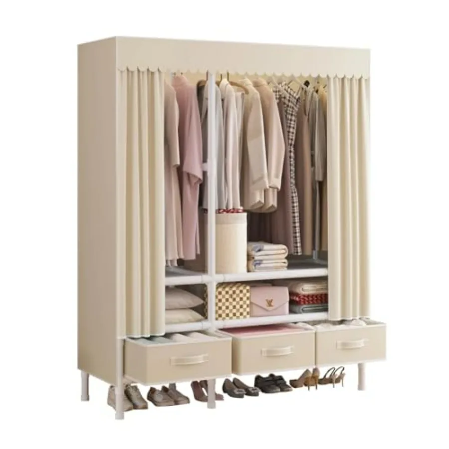 

WEALTHYHEART Portable Closet Garment Rack Heavy Duty Clothes Rack with Cover Wardrobe Closet with 1 Hanging Rod 2 Storage Shelv