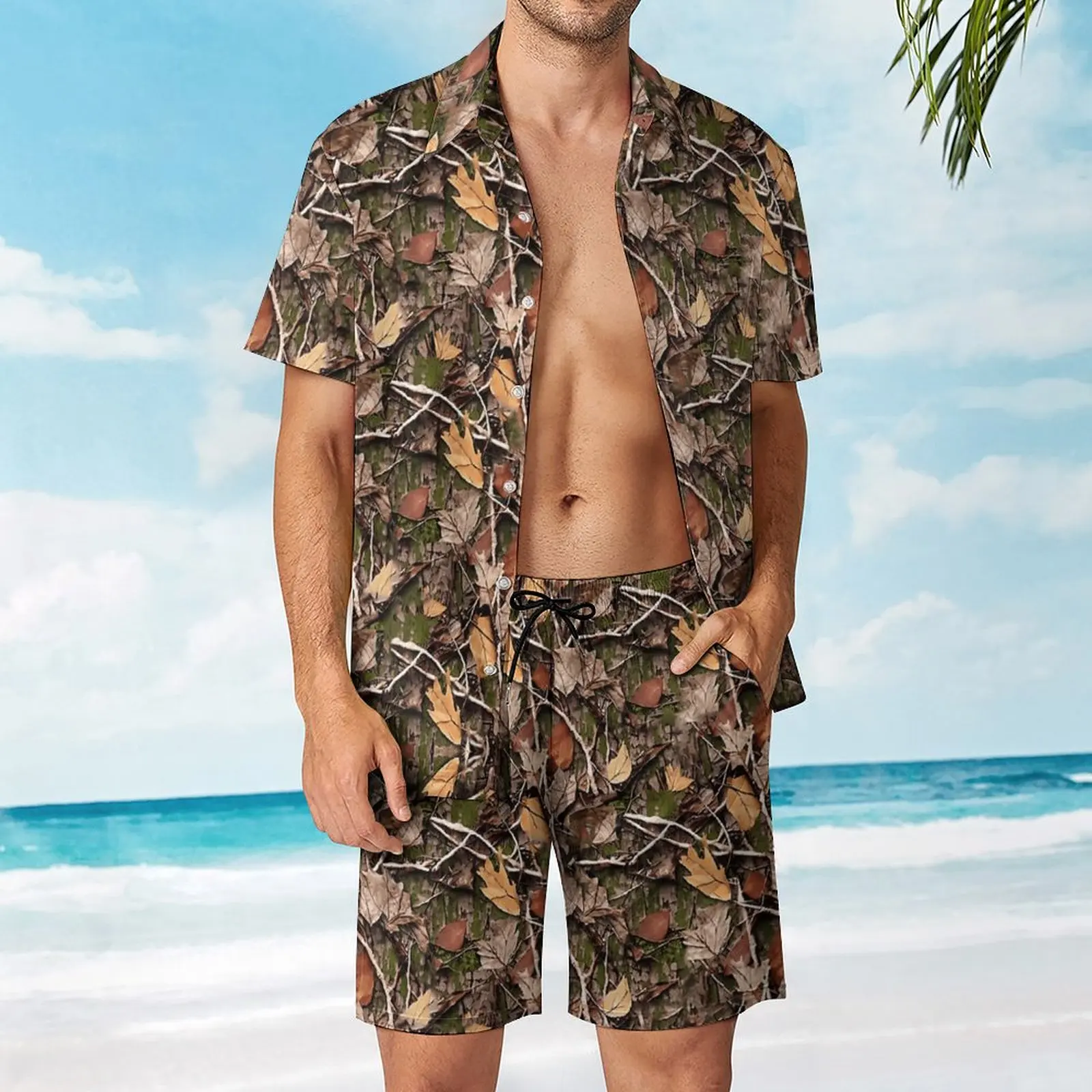 Realistic Tree Hunting Camo Leaves Sticks And Men's Beach Suit Graphic 2 Pieces Coordinates  High Grade  Home USA Size