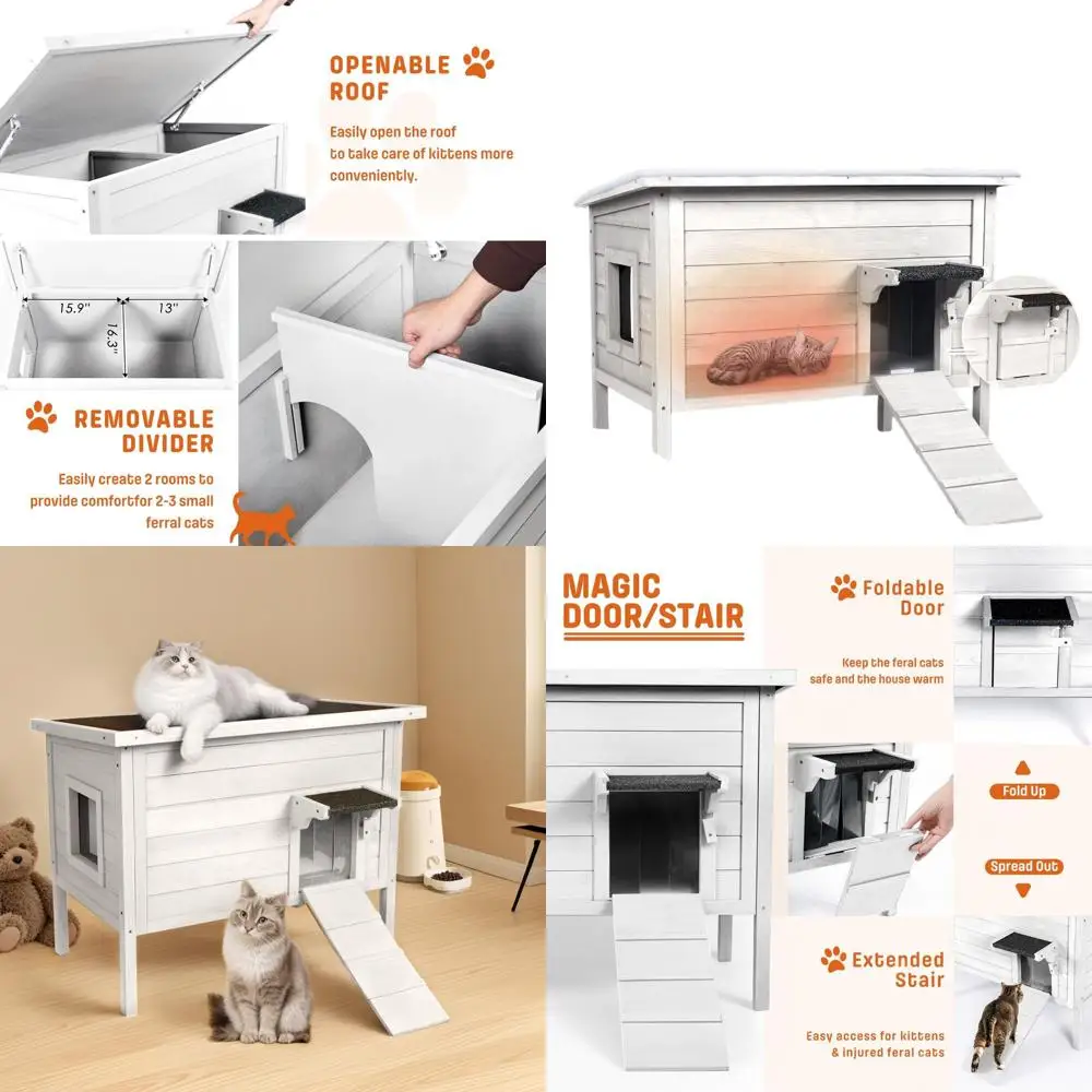 

Утепленный уличный домик для кошек на зиму - всепогодный большой деревянный домик со складной лестницей, акриловым боковым окном, белый