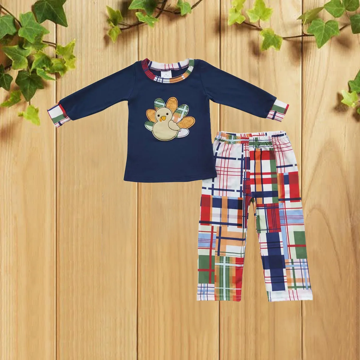 9.25 الخريف شعبية مطرزة تركيا منقوشة نمط الأزرق الداكن كم طويل السراويل الطويلة مجموعة الزي للأطفال