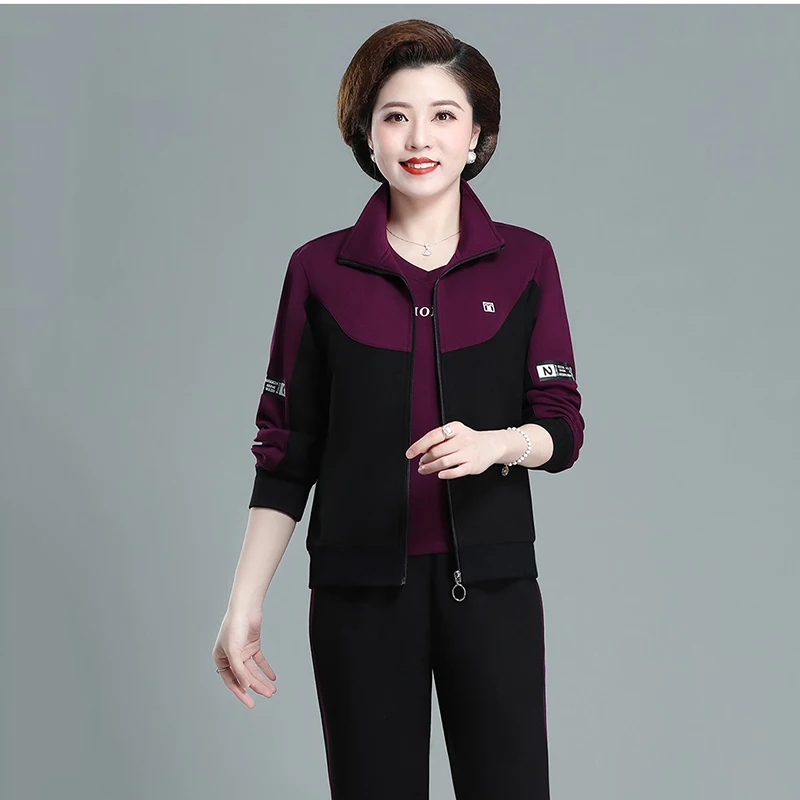 Mom Casual Suit Jacket Fashion Loose Splicing Long Sleeve Sports Suit Women 2024 New Spring Autumn Sports Three-piece Female